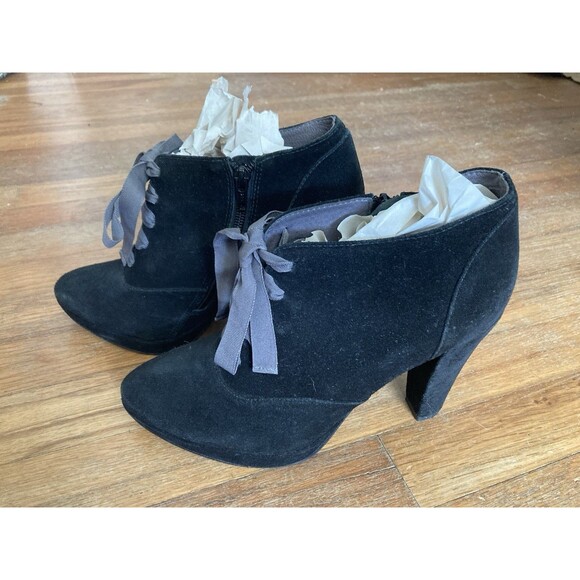 Boden Suede Platform Booties 40 Heels Black Tie Lace Boho Dark Romantic Gothic - Picture 1 of 12